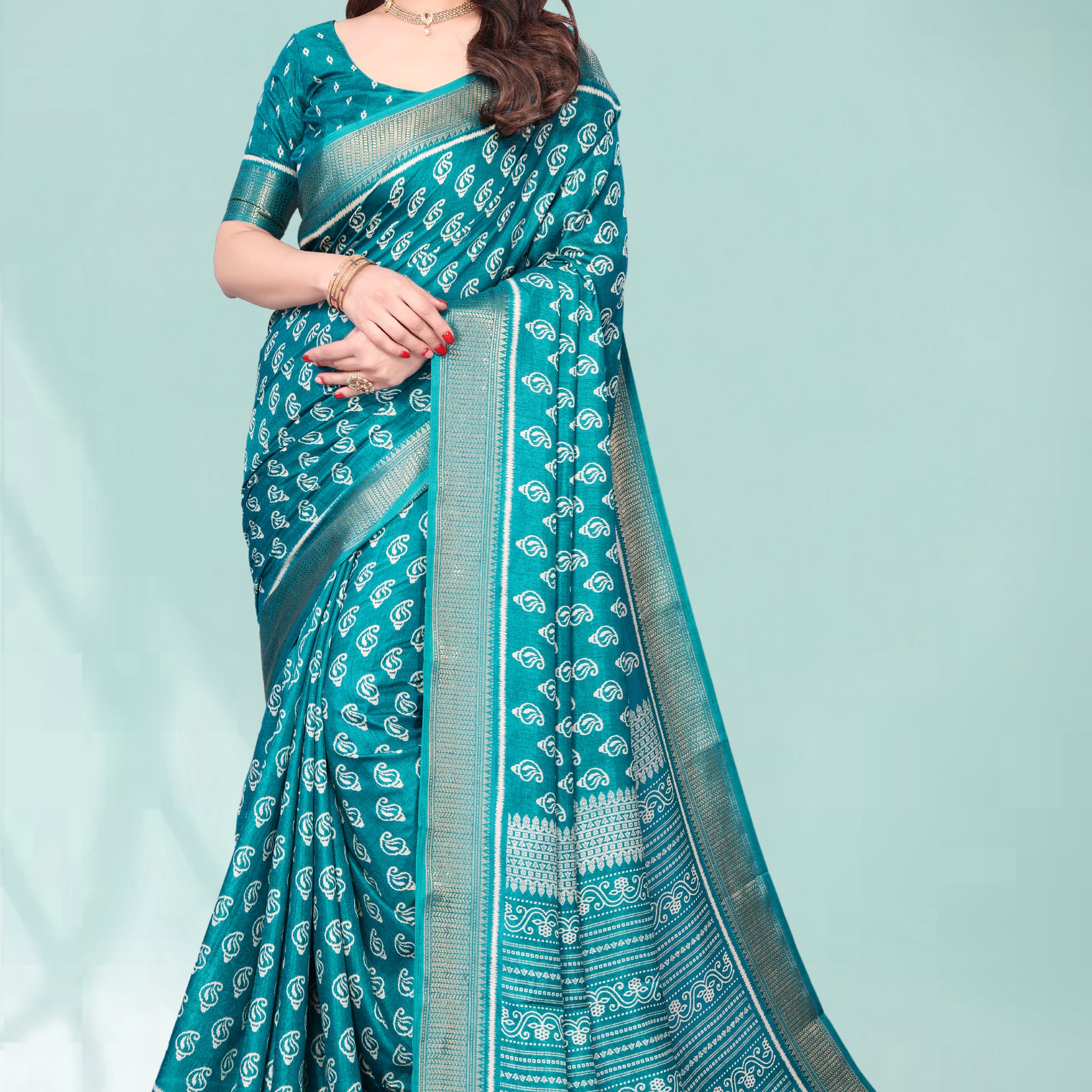 Hand block Baug print jequard border saree