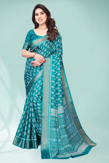 Hand block Baug print jequard border saree