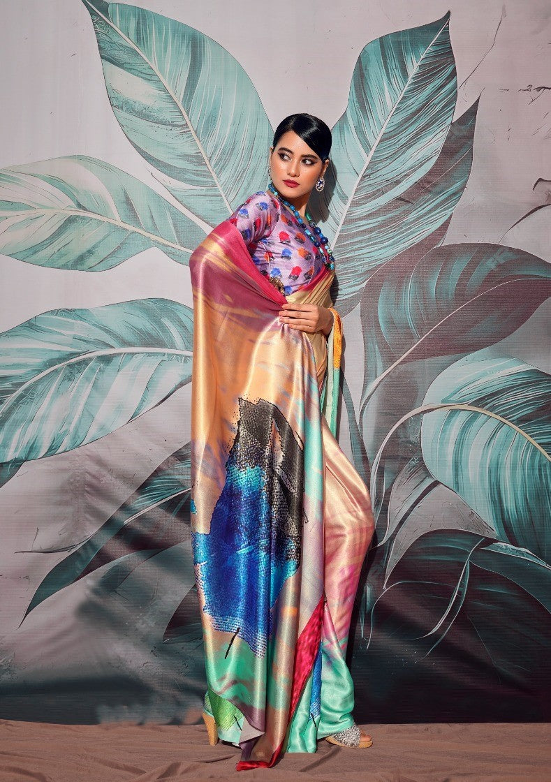 Multi Colour Digital Floral Print Satin Silk Saree