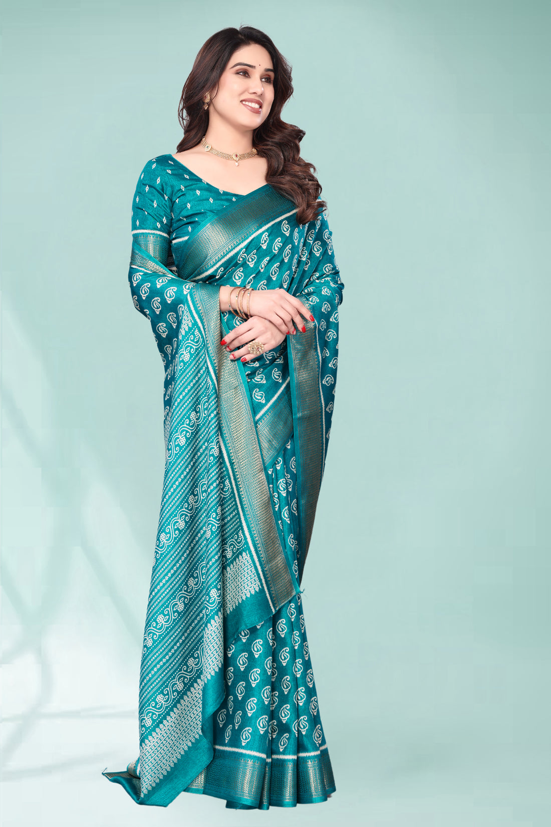 Hand block Baug print jequard border saree