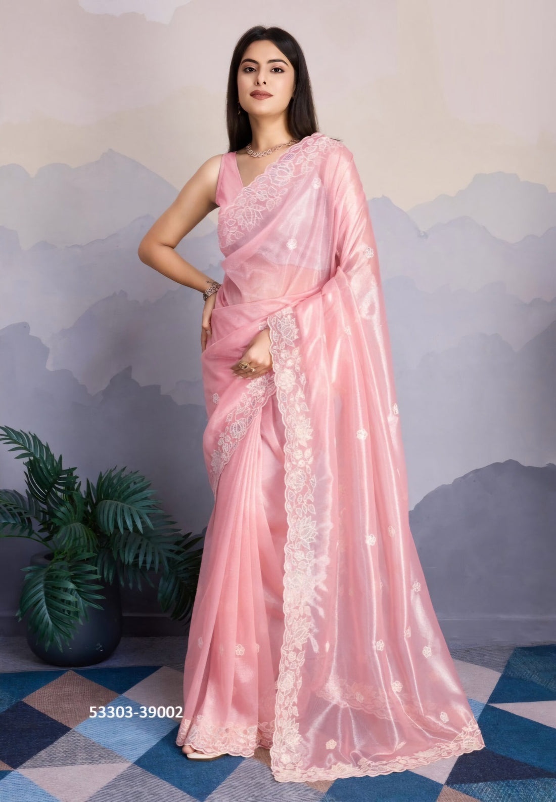 Pink net emblished work saree