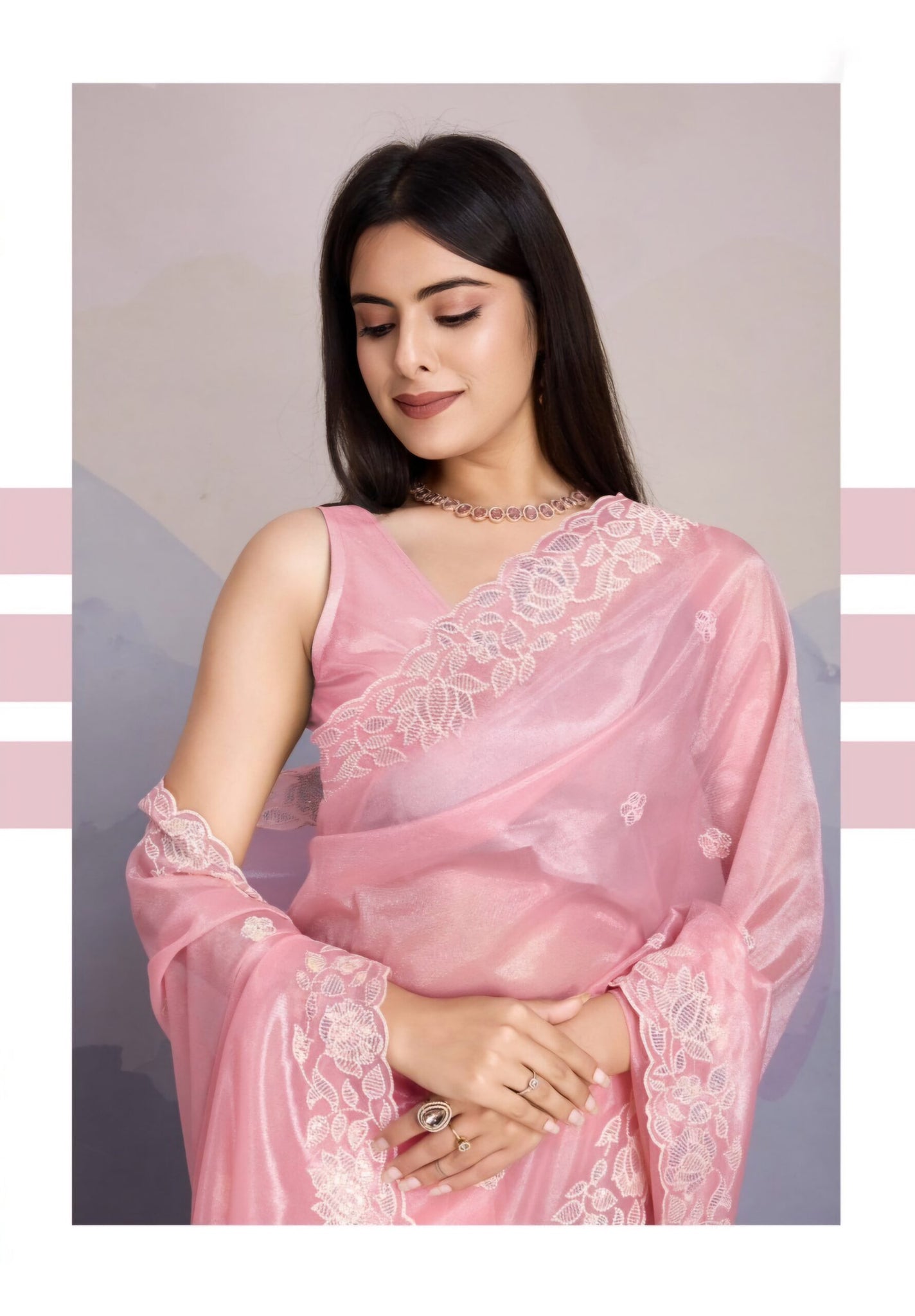 Pink net emblished work saree