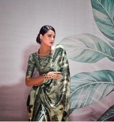 Dusky Grey Colour Leaves Printed Satin Silk Saree