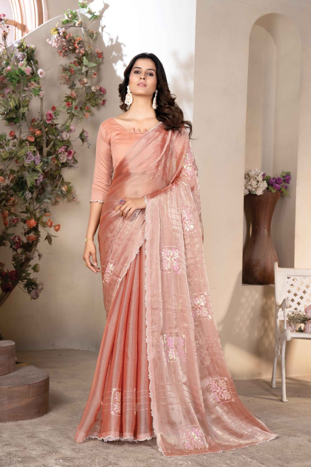 Soft Peach/Blush Pink Saree(Burbary Silk)