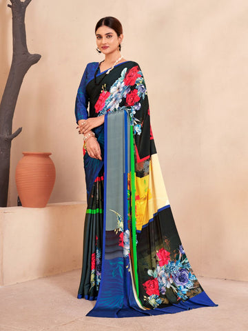 Blue floral print saree