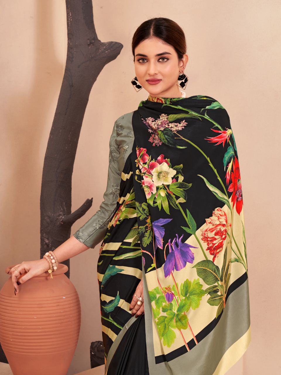 Black and green floral print saree