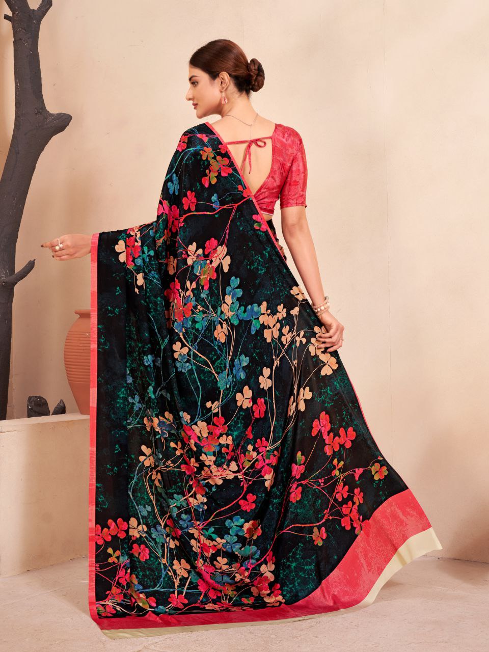 Black floral print saree