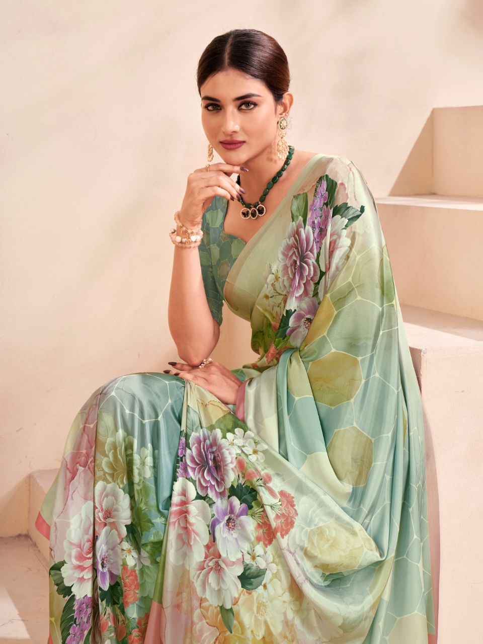 Green floral print saree