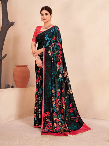 Black floral print saree