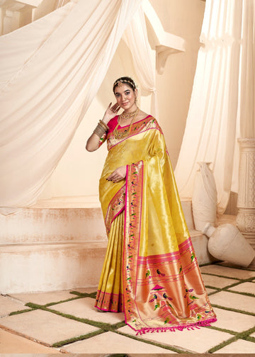 Soft tissue silk yellow paithani with contrast border