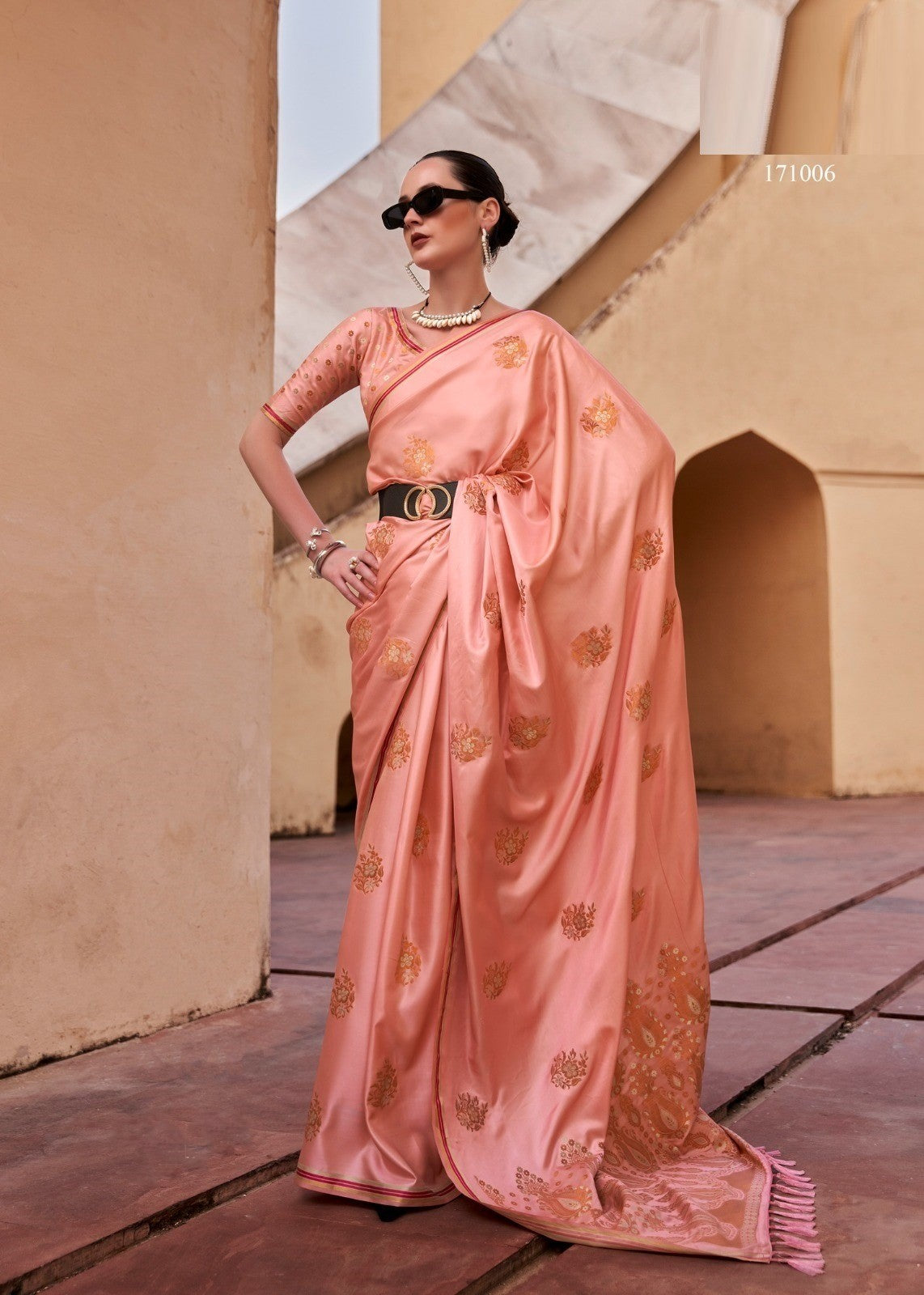 Peach satin silk copper jari saree