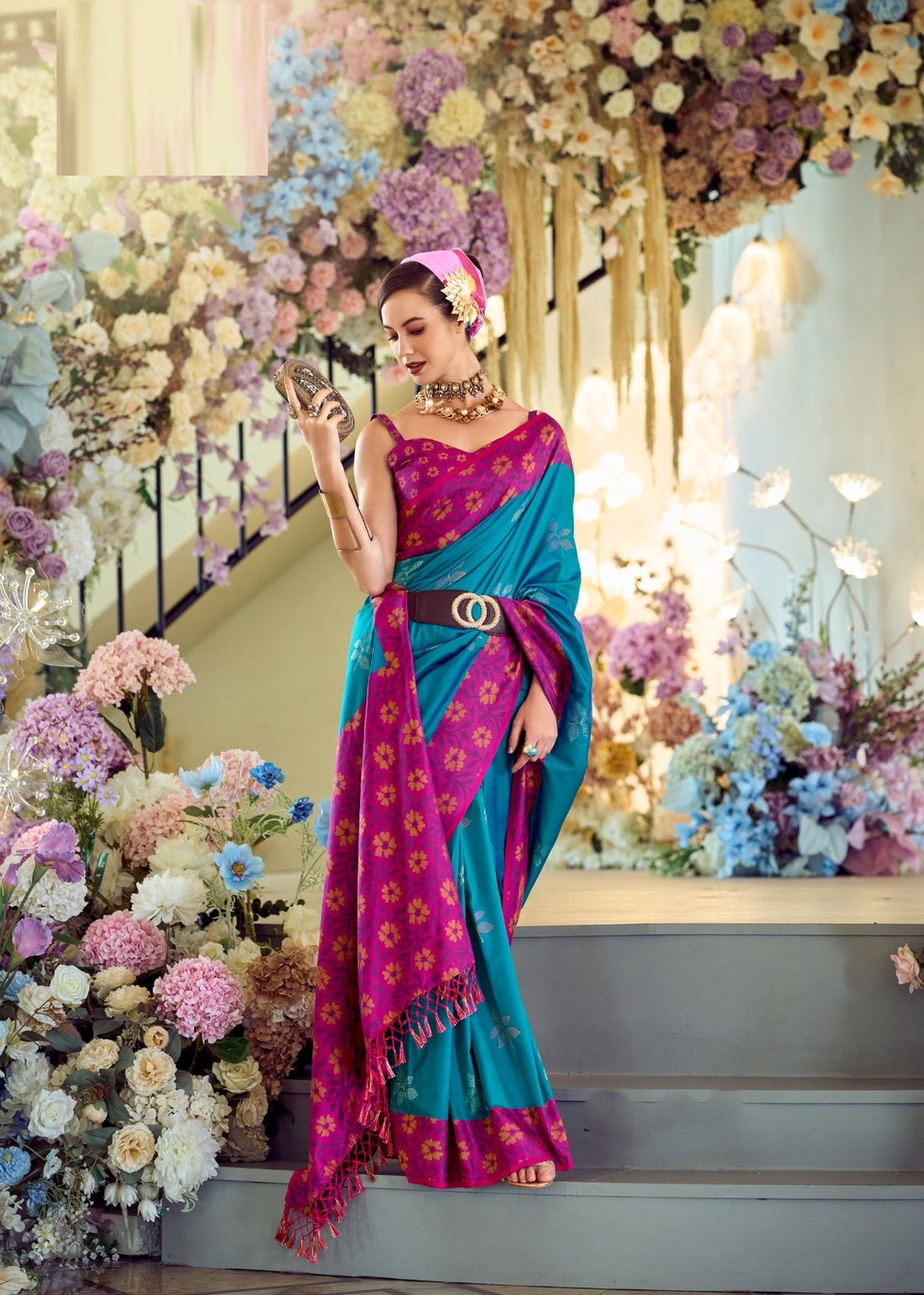 Teal blue ikkat print saree