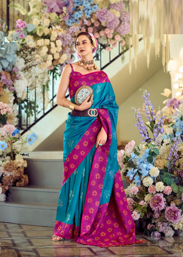 Teal blue ikkat print saree