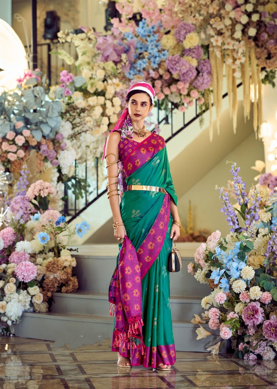 Green flower ikkat print saree