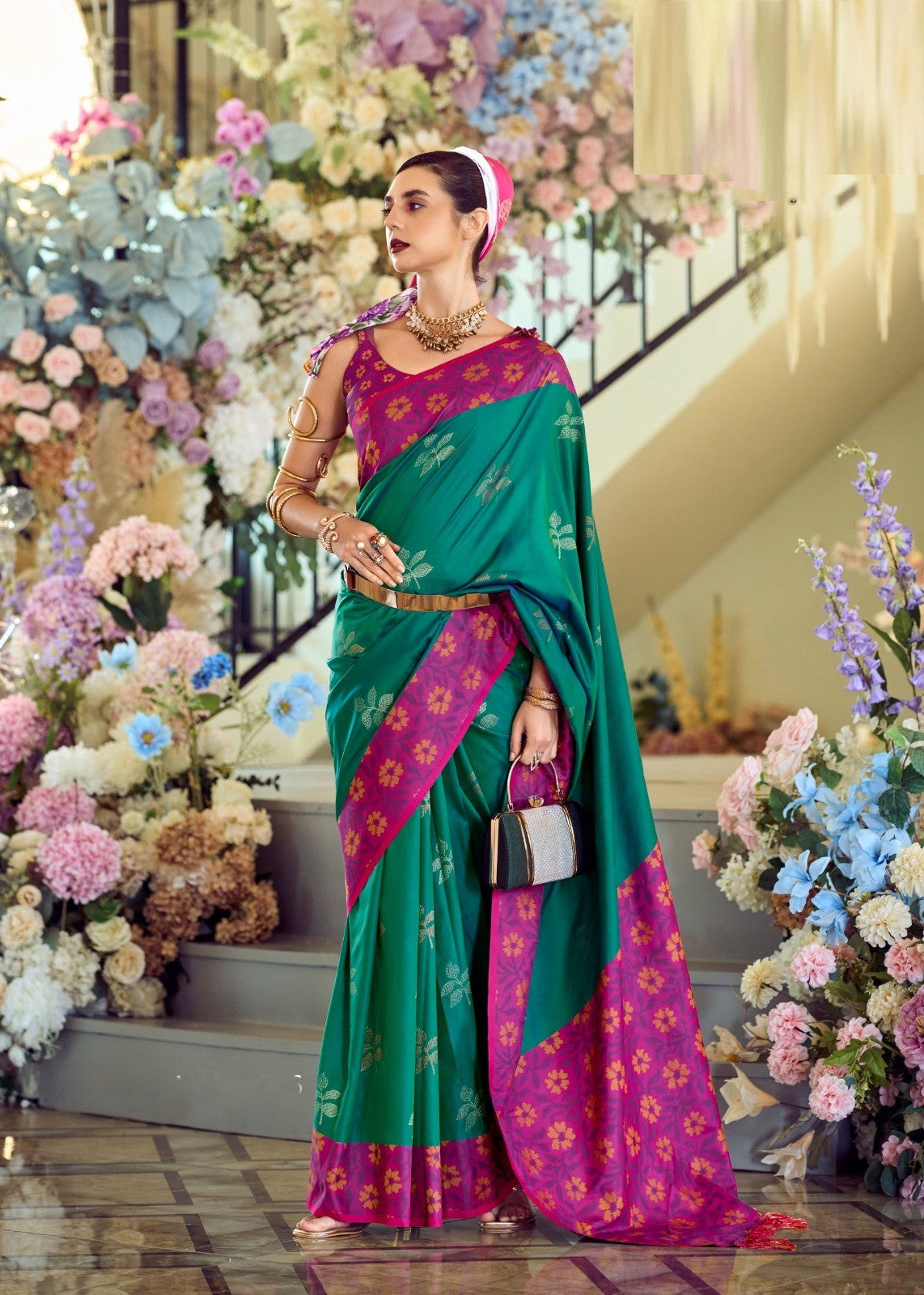 Green flower ikkat print saree