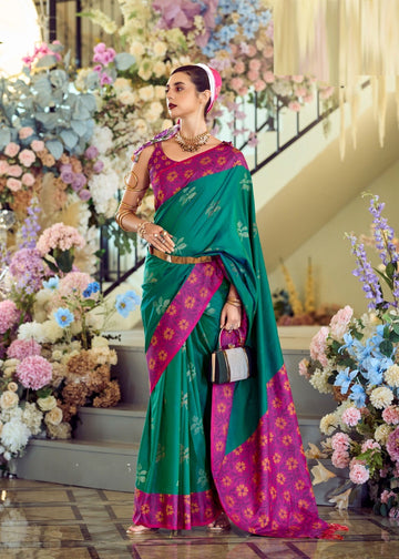 Green flower ikkat print saree