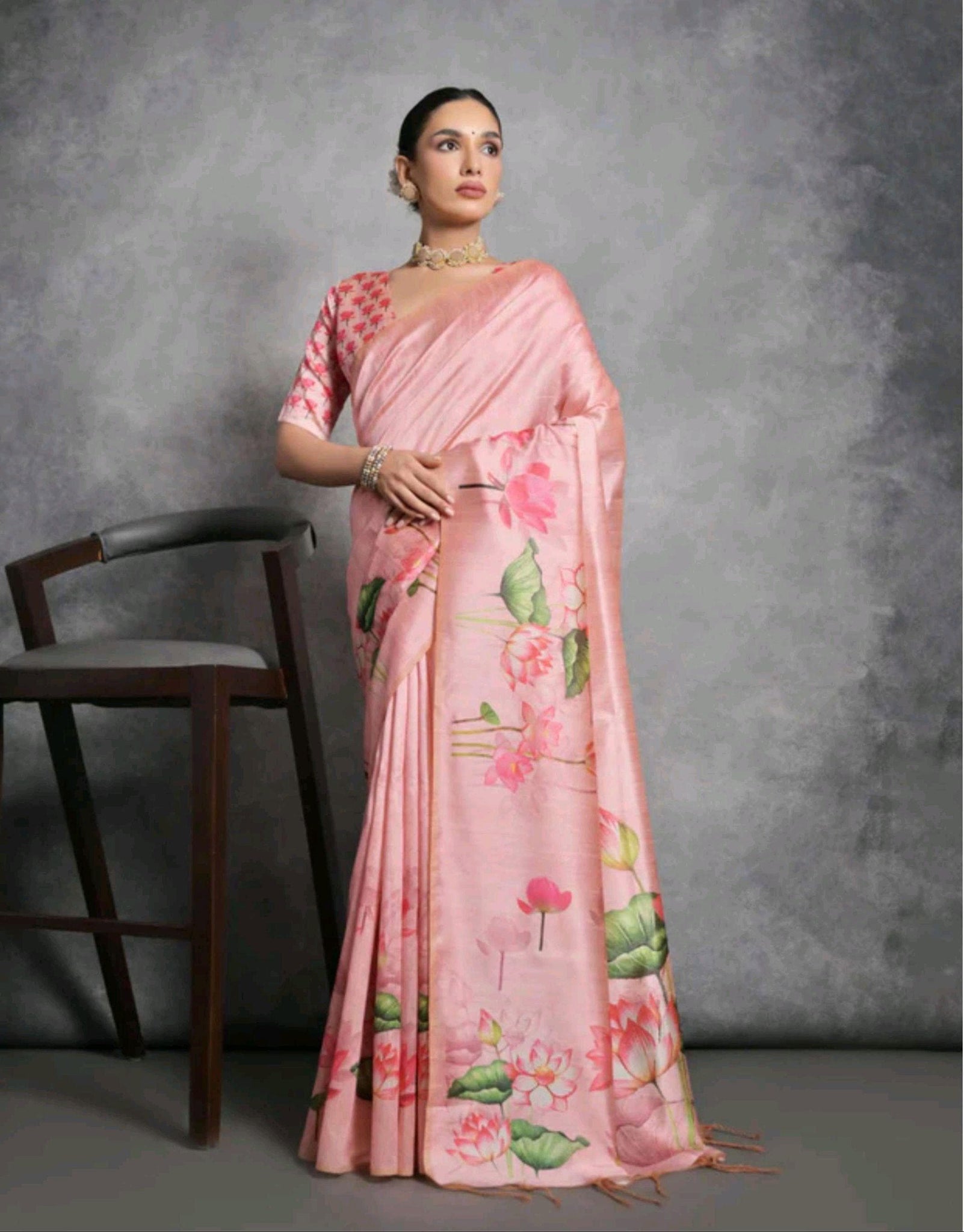 Floral print pink tusser silk saree