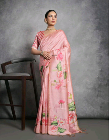 Floral print pink tusser silk saree