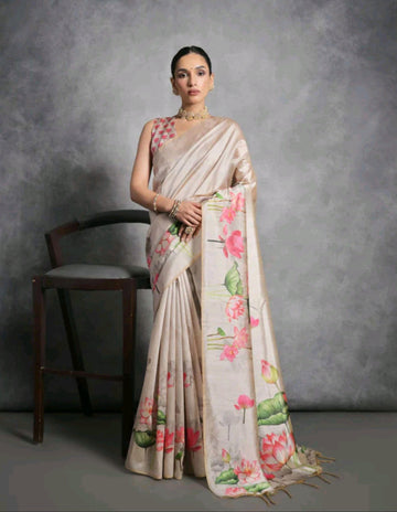 Light beige floral tusser silk saree