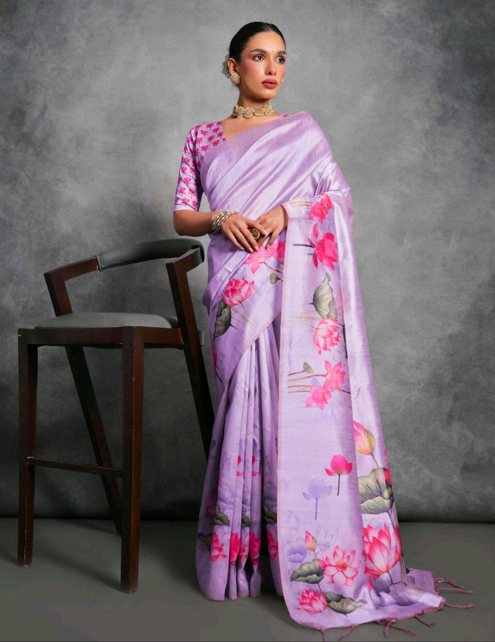 Purple floral tusser silk saree