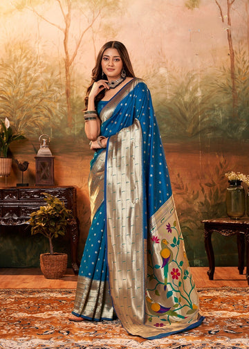 Teal blue Pavitra paithani with zari weaving