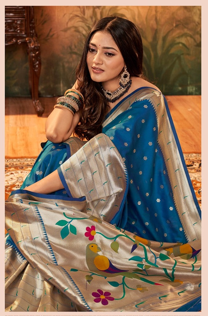 Teal blue Pavitra paithani with zari weaving