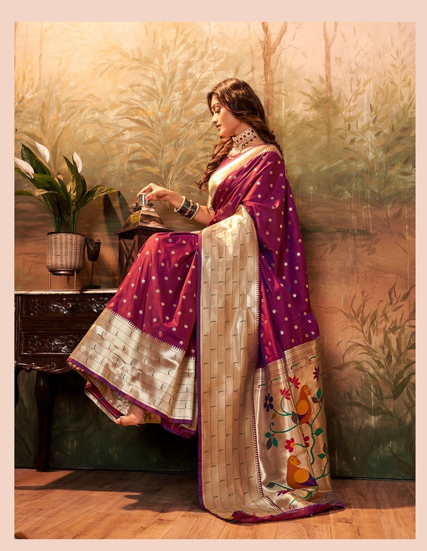 Wine Pavitra paithani with zari weaving