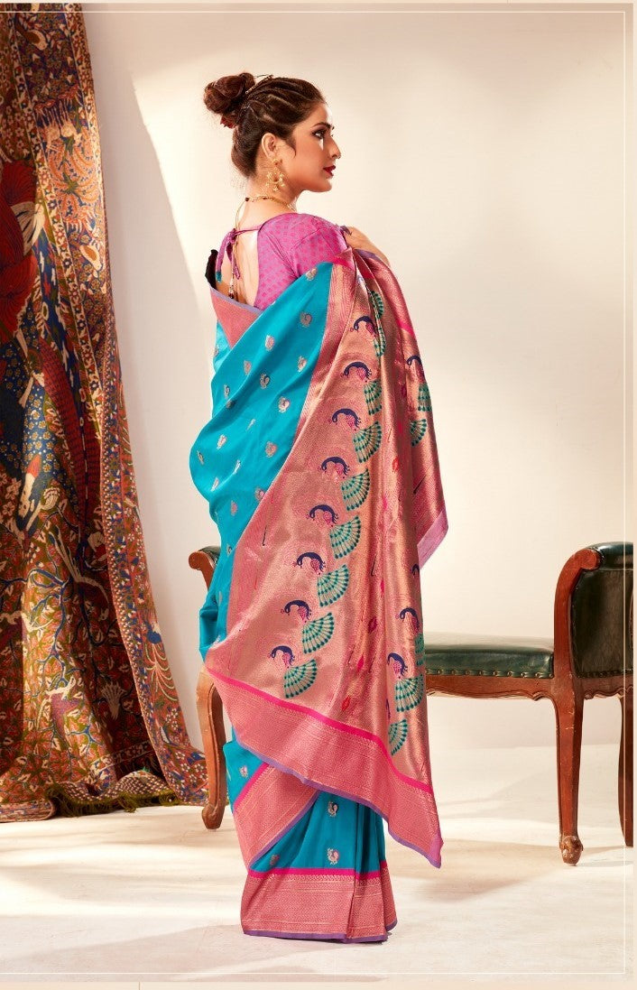 Soft silk paithani teal blue saree