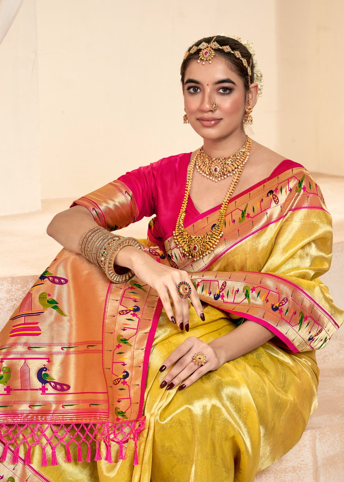 Soft tissue silk yellow paithani with contrast border