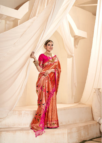 Soft tissue silkred  paithani with contrast border