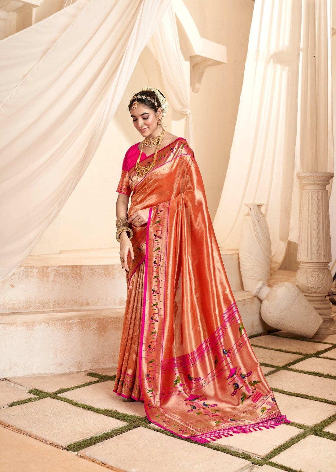 Soft tissue silkred  paithani with contrast border