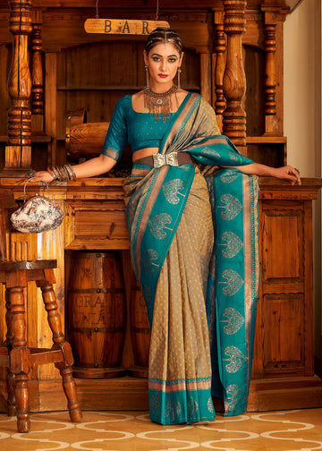 Turquoise paithani with copper zari weave