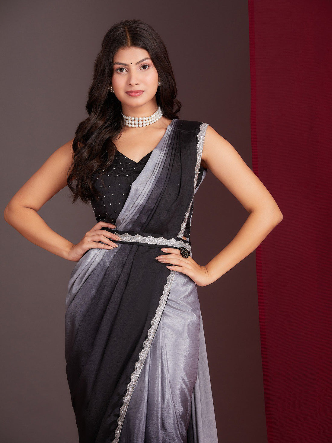 Grey Ombre print saree with belt