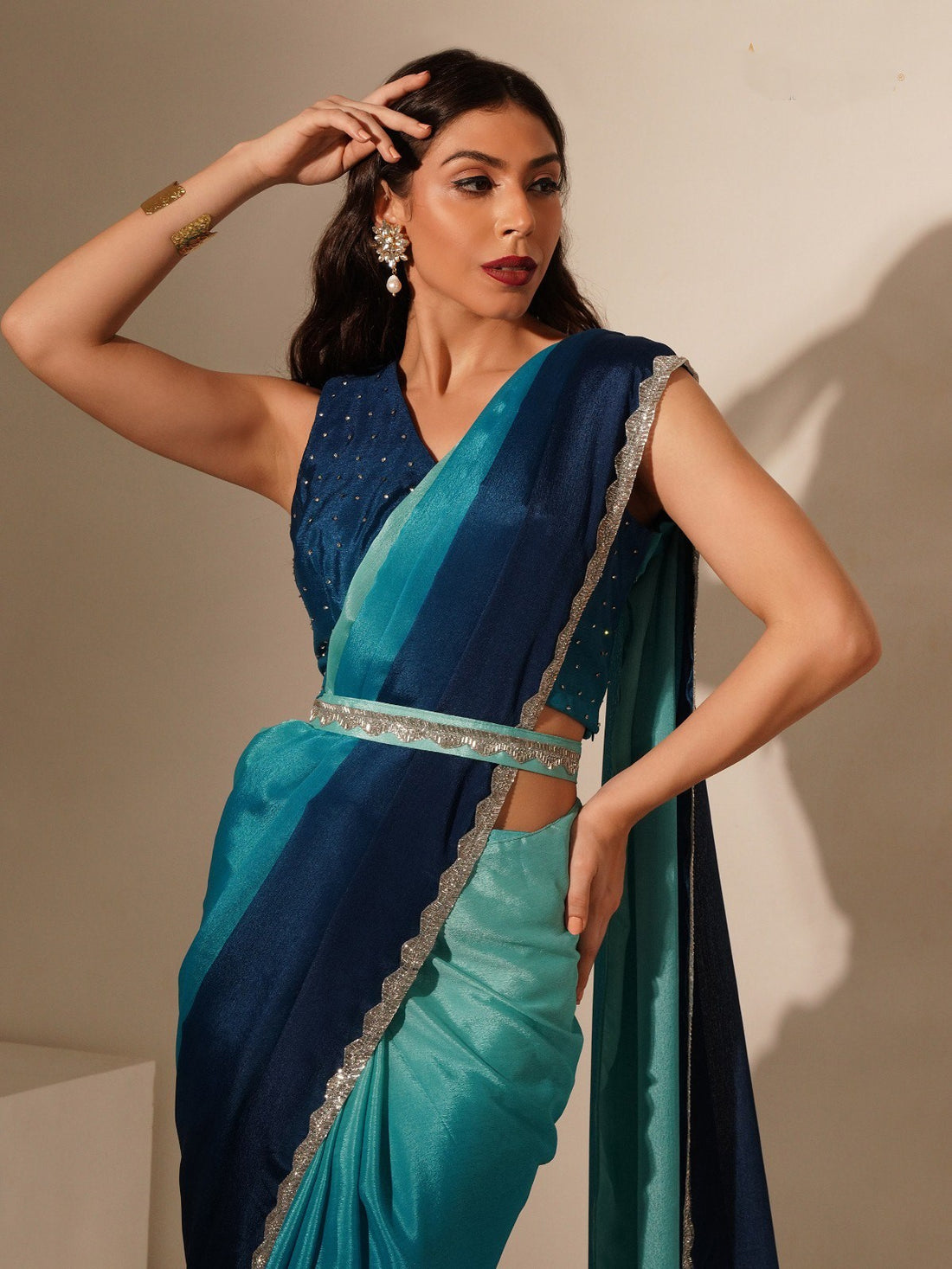 Teal blue Ombre print saree with belt