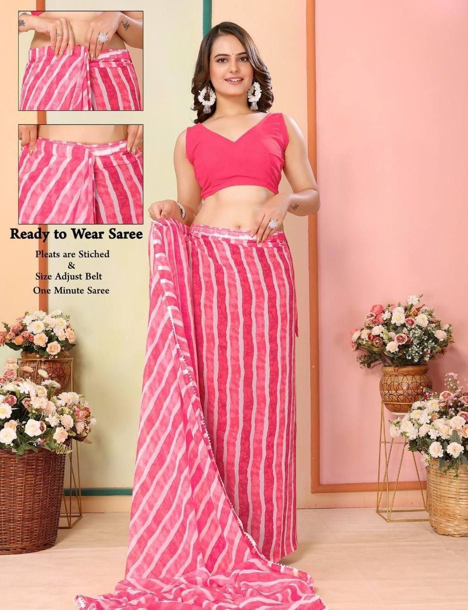 Pink laheriya print ready to wear sree