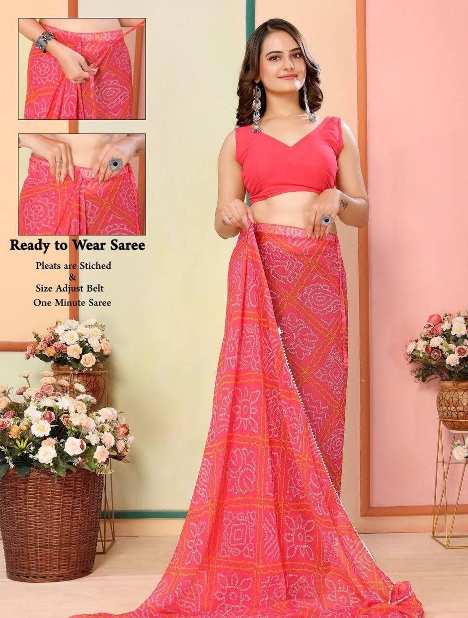 Orange bandhej print ready to wear saree