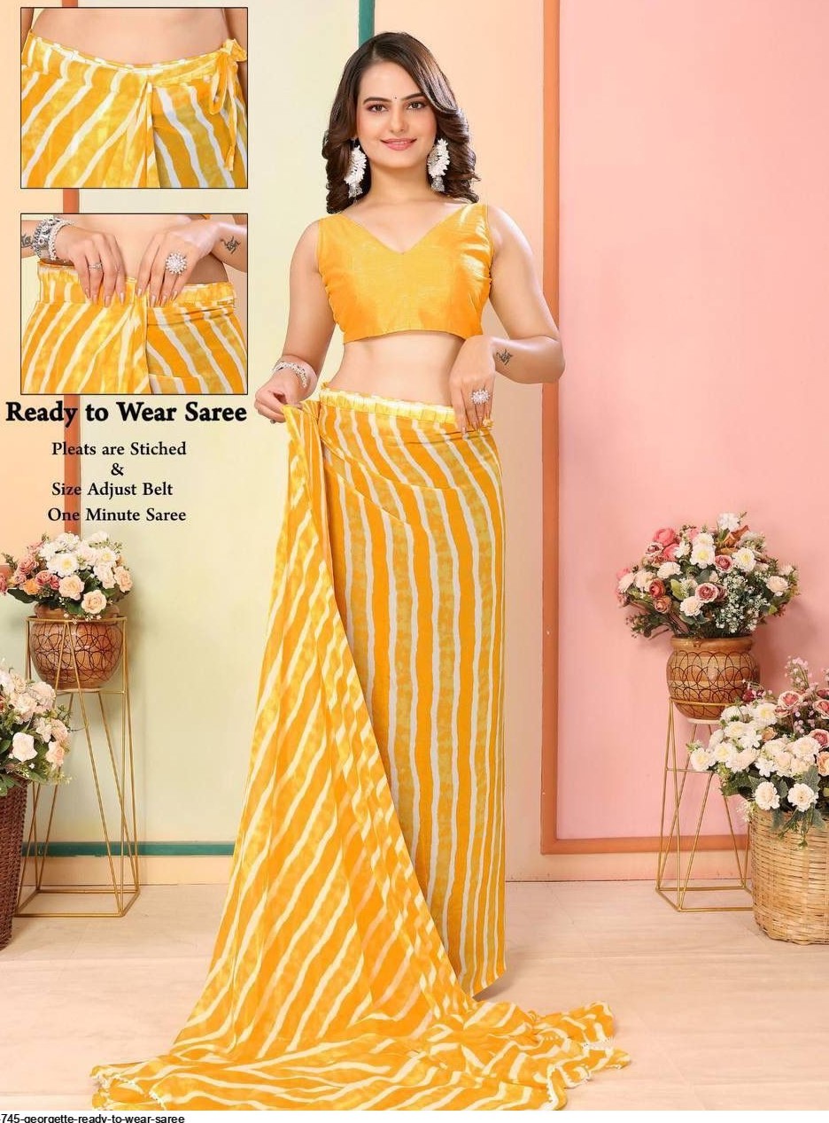 Yellow  laheriya print ready to wAear saree