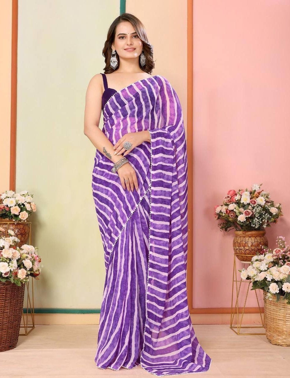 Lavender laheriya print ready to wear saree