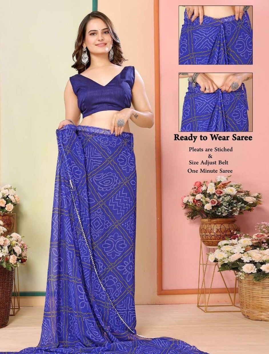 Blue bandhej print ready to wear saree