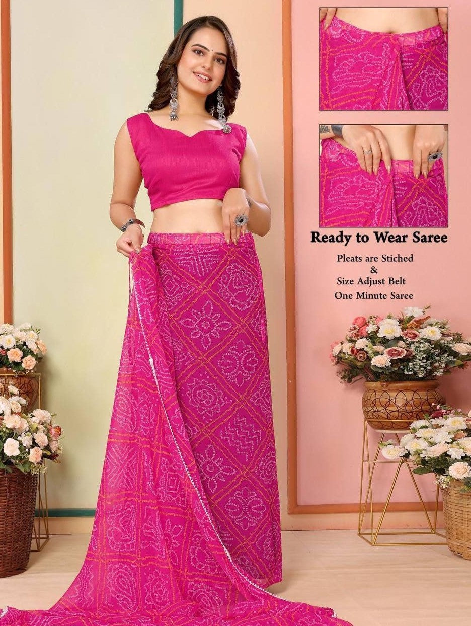 Pink bandhej print ready to wear saree