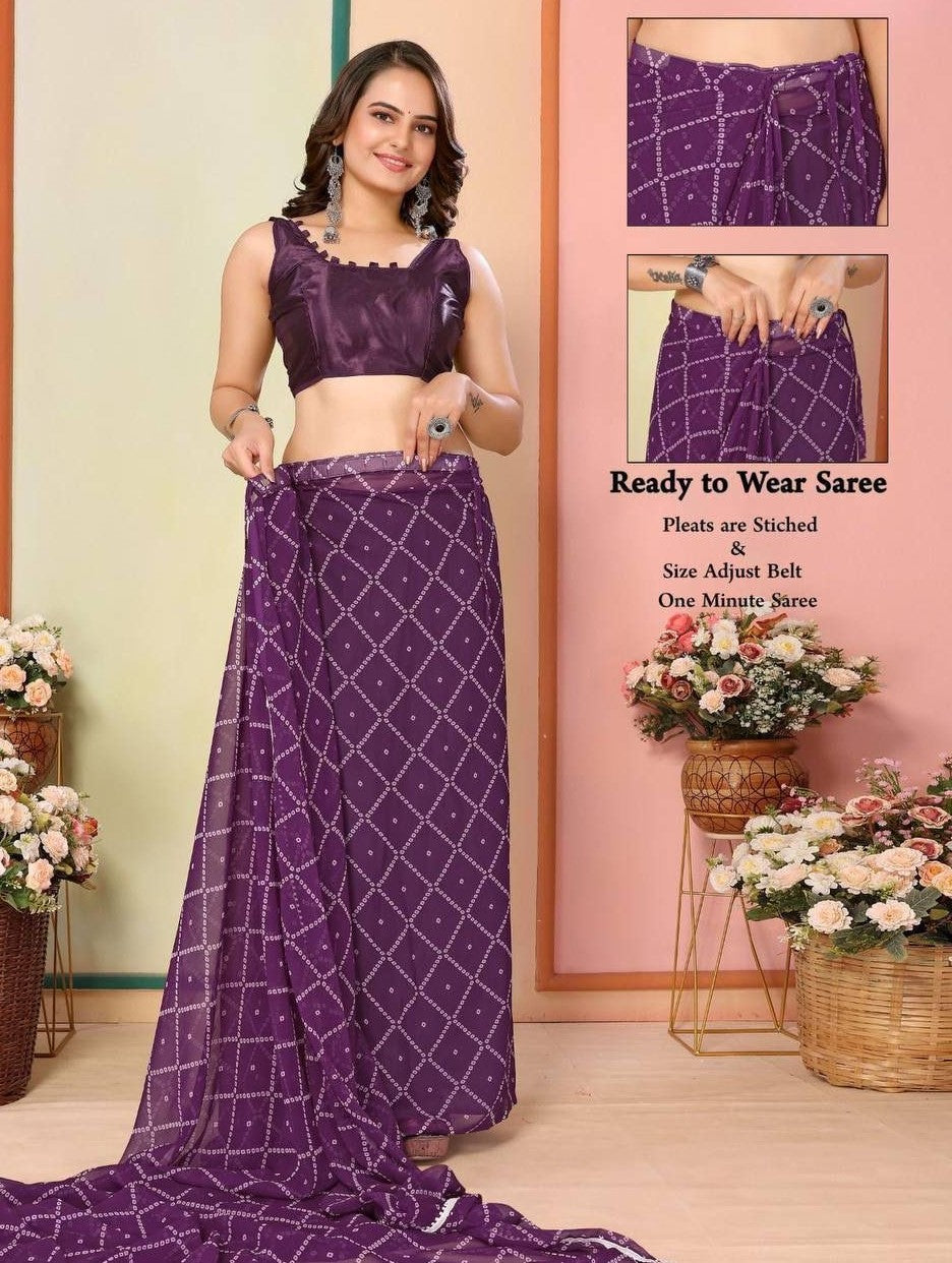 Purlple bandhej print ready to wear saree