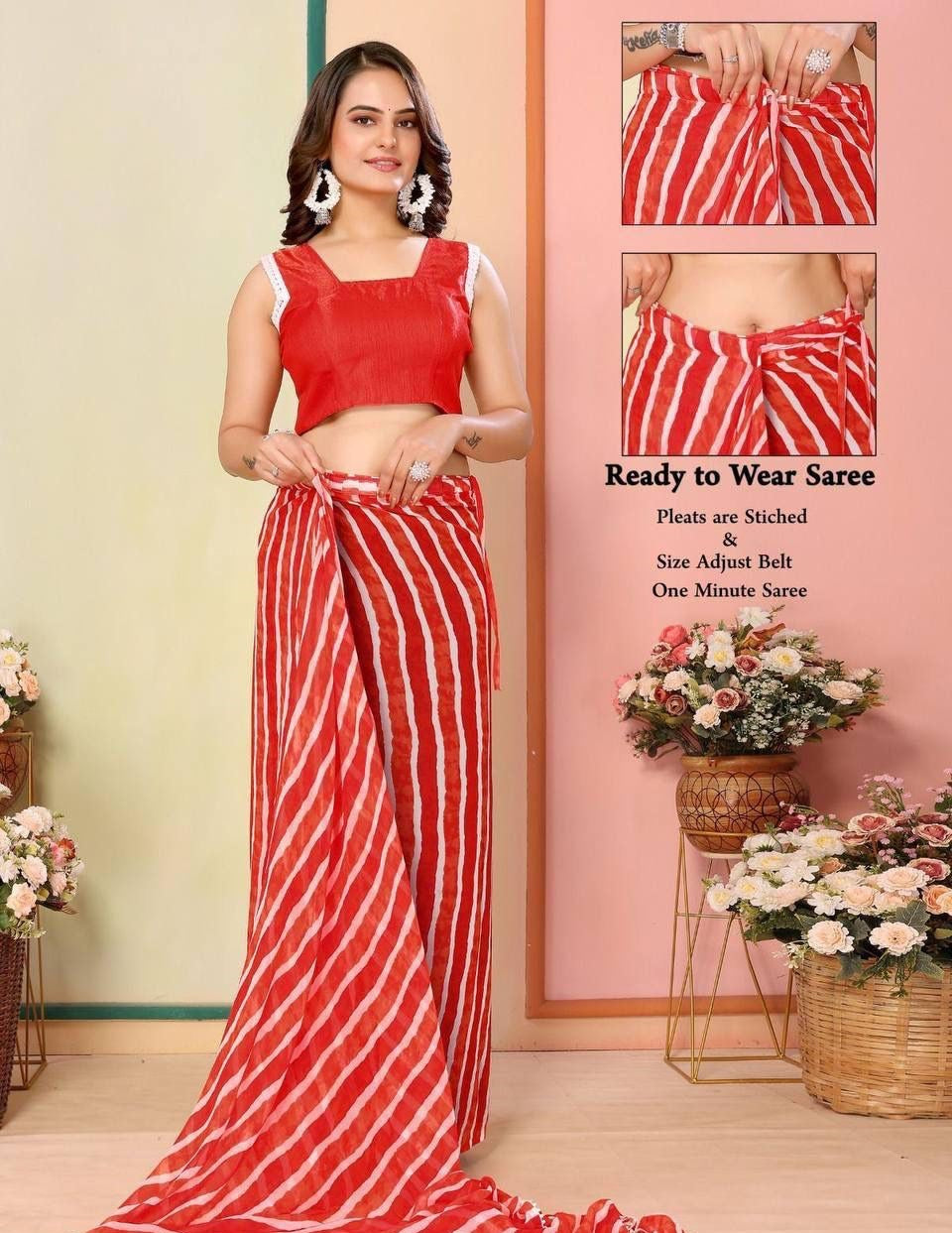 Red laheriya print ready to wear saree