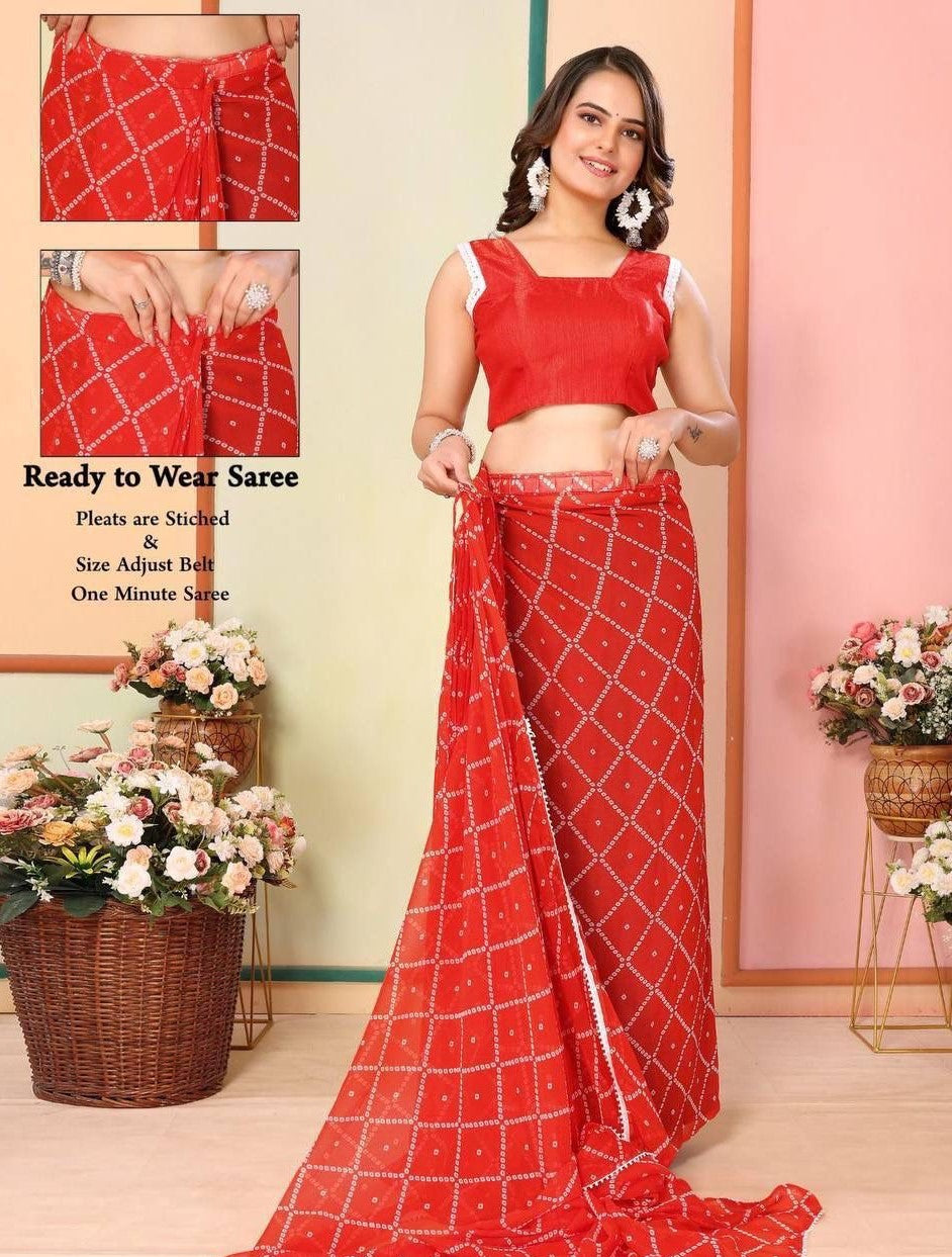 Red bandhej print ready to wear saree