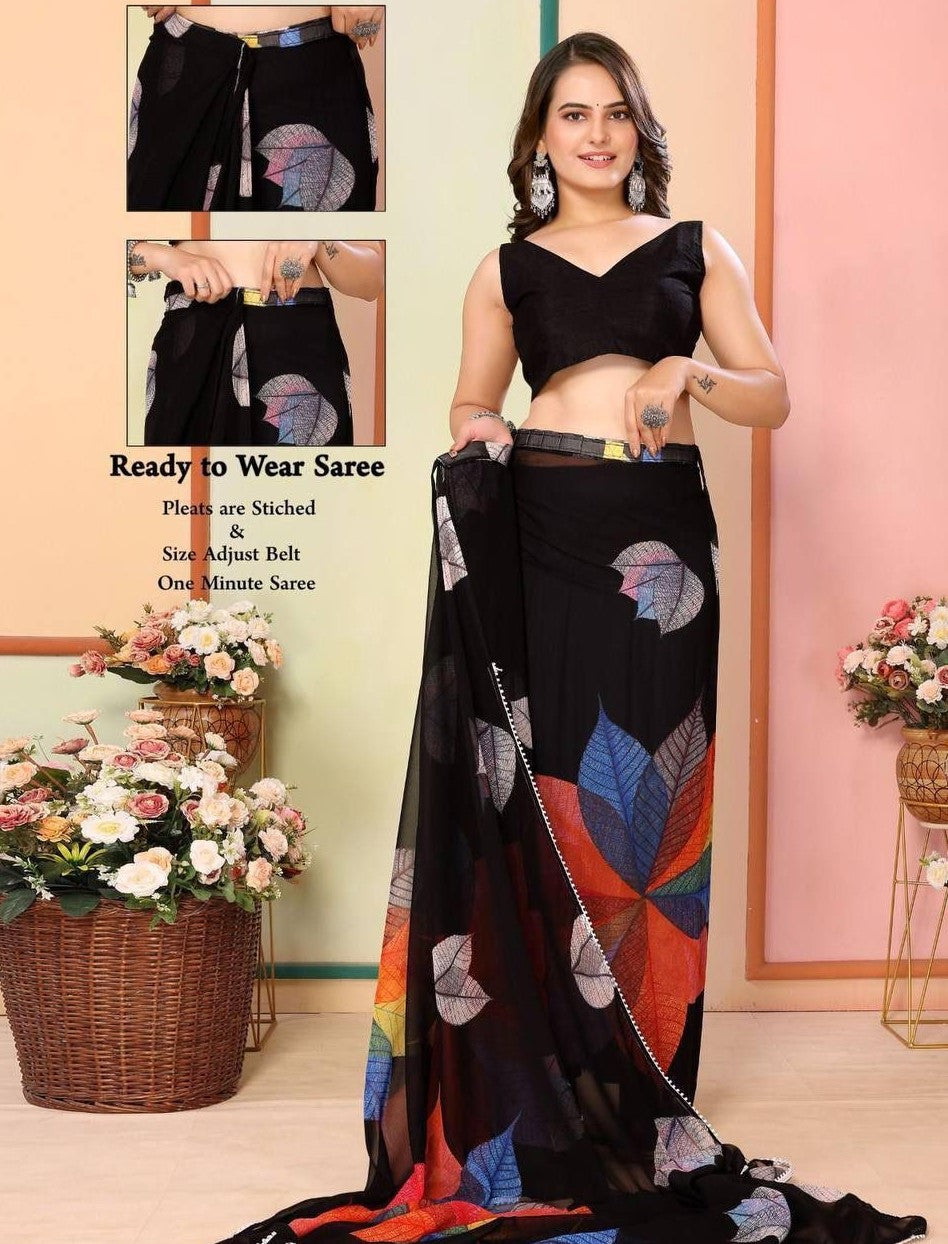 Black  leaves print ready to wear saree