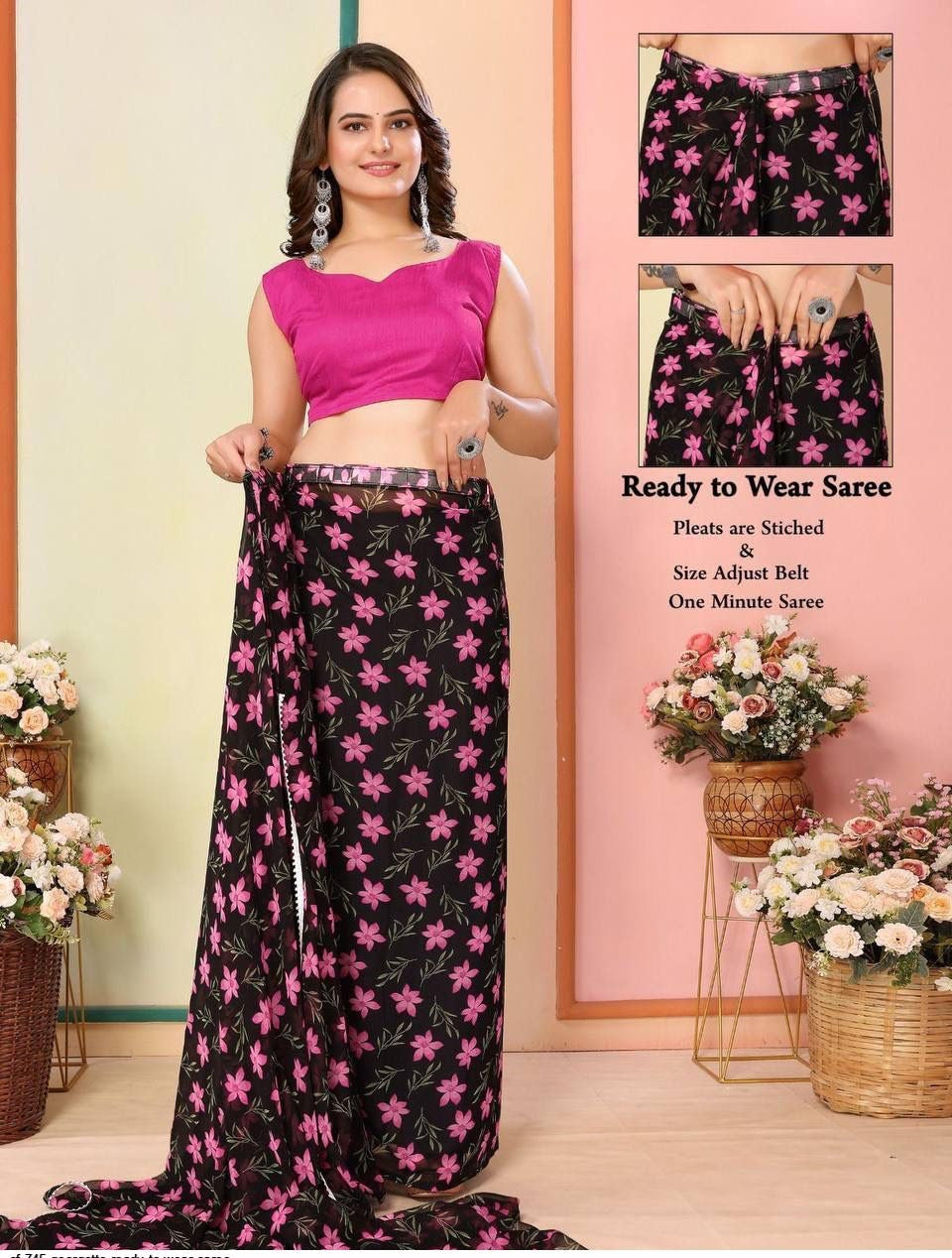 Black floral print ready to wear saree