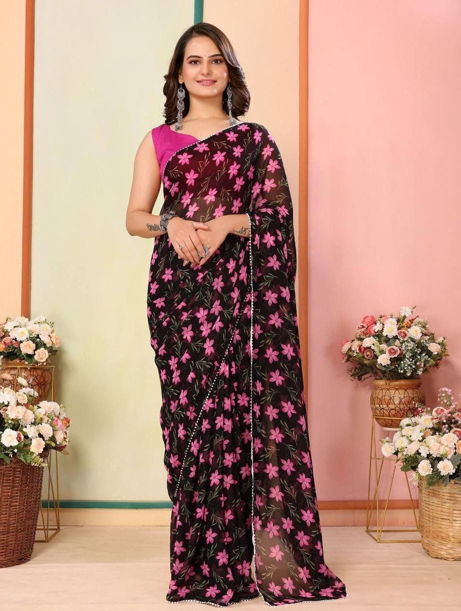 Black floral print ready to wear saree