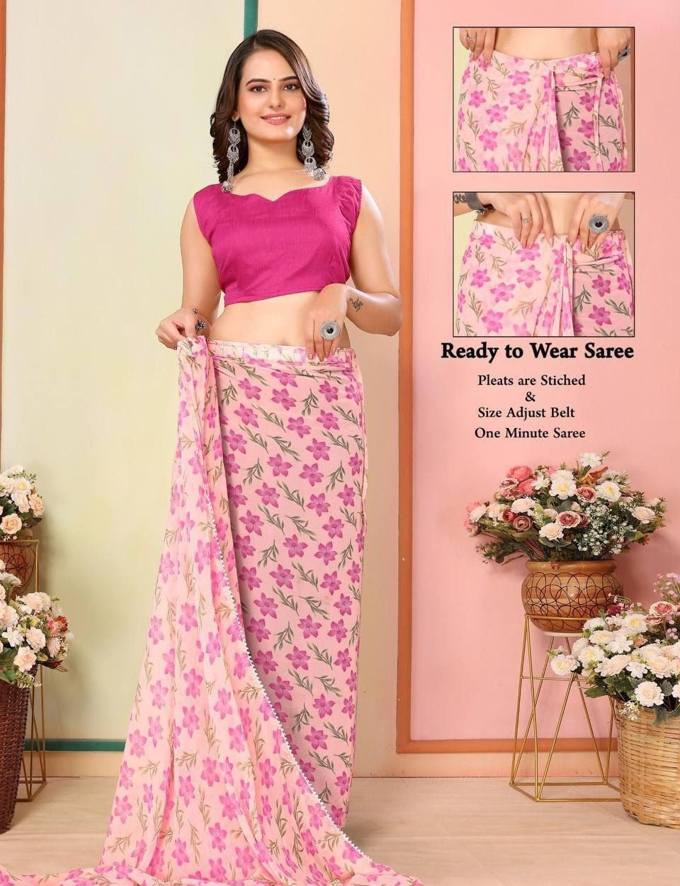 Pink floral print ready to wear saree