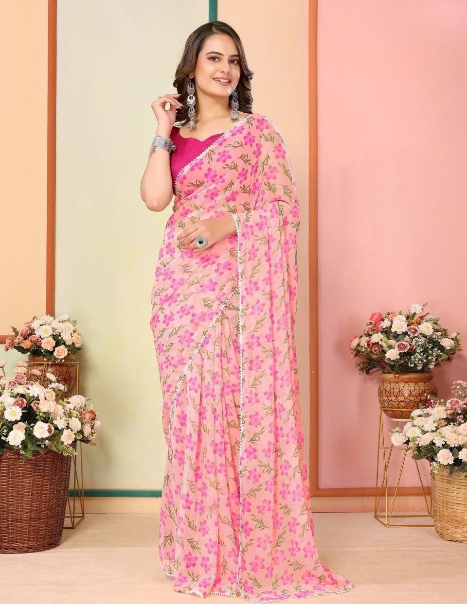 Pink floral print ready to wear saree