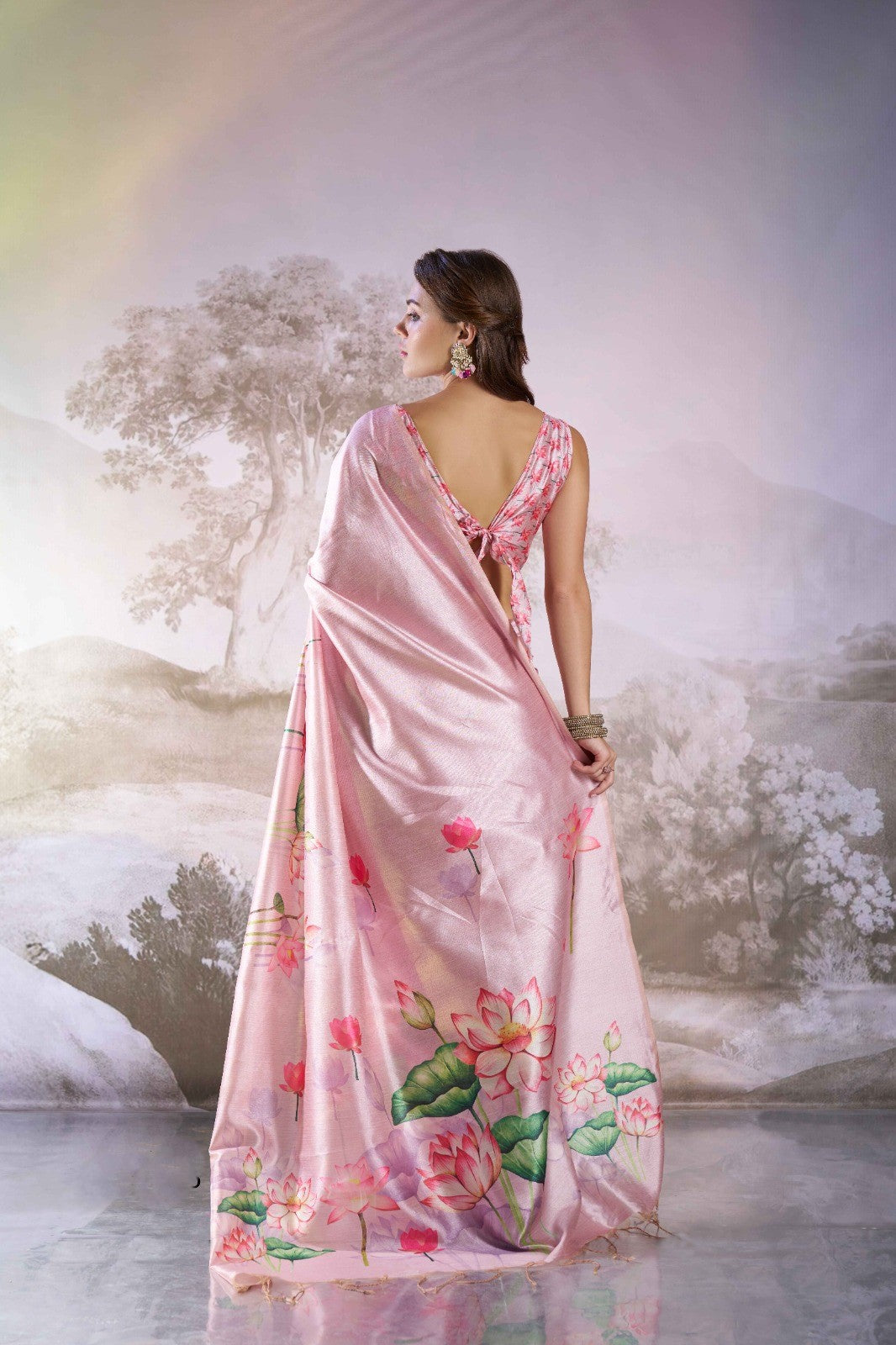 Pink Floral Print Linen Saree