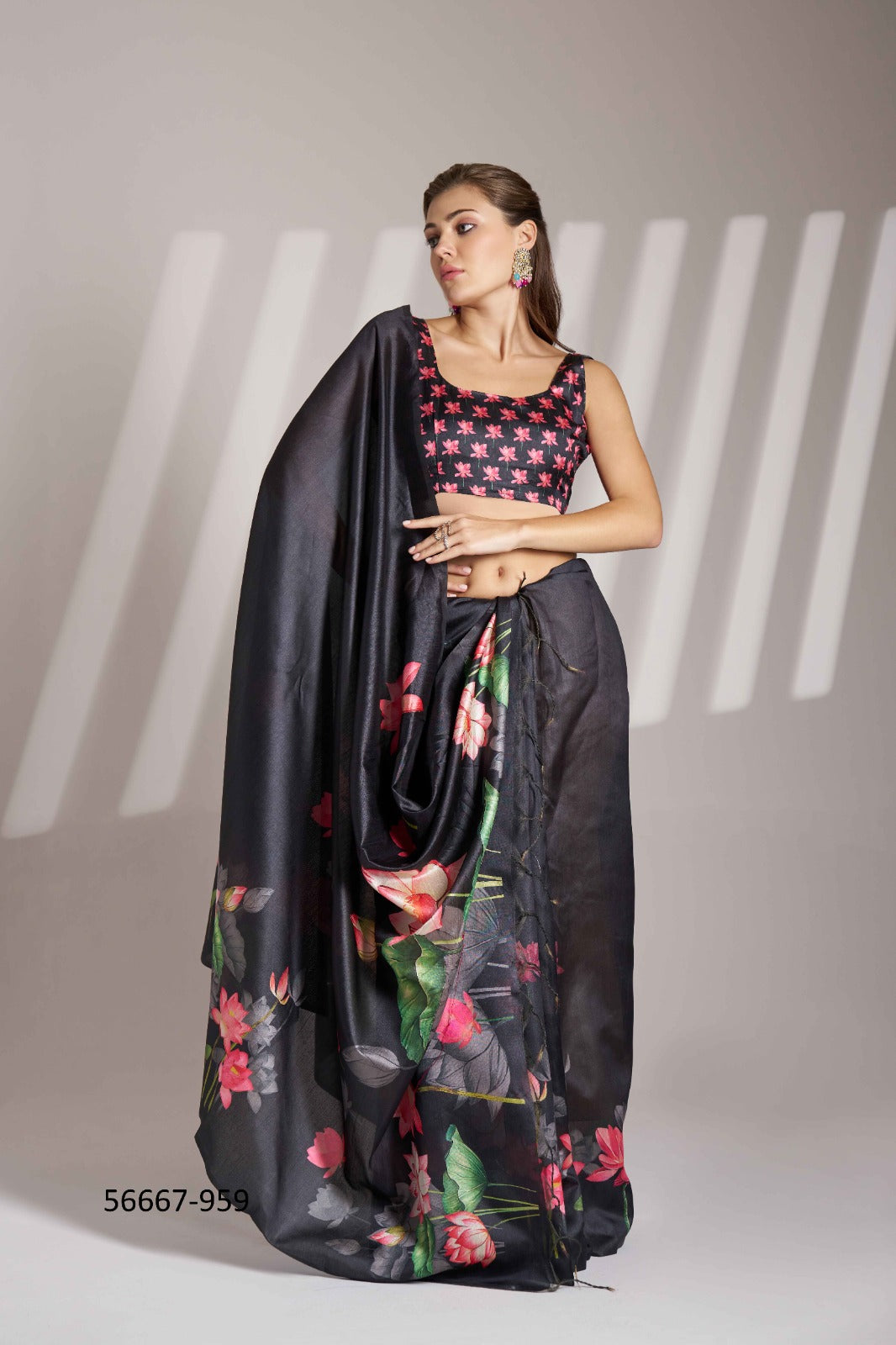 Black Linen Floral  Print Saree